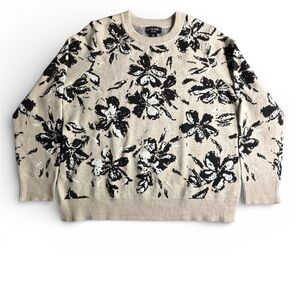 Cynthia Rowley Woman 1X Floral Knit Sweater Beige Black Crewneck Plus Size